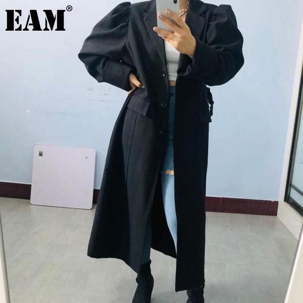 

eam] women black big size long trench new lapel long puff sleeve loose fit windbreaker fashion tide spring autumn 2021 1da282, Tan;black