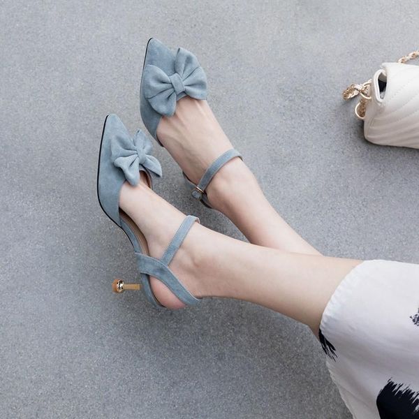 

women sandals 2021 summer shoes new fashion suede pointed toe sweet butterfly-knot thin high heels ladies party stiletto size 42, Black
