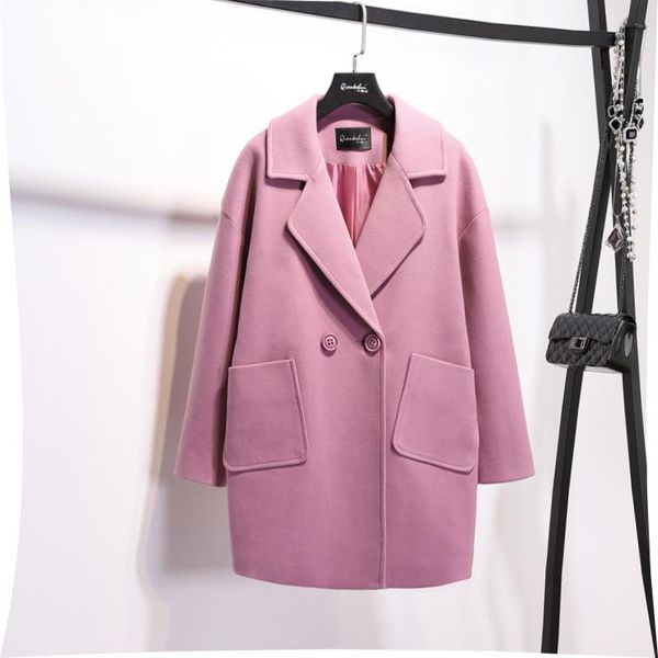 

women's wool & blends autumn and winter korean version of the long double-breasted woolen coat female loose silhouette, Black