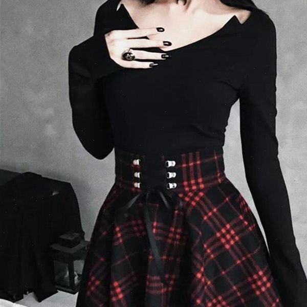 

vintage women scotland plaid bandage high waist large swing cotton tartan skirt women skirt plaid pleated fashion mi, Black