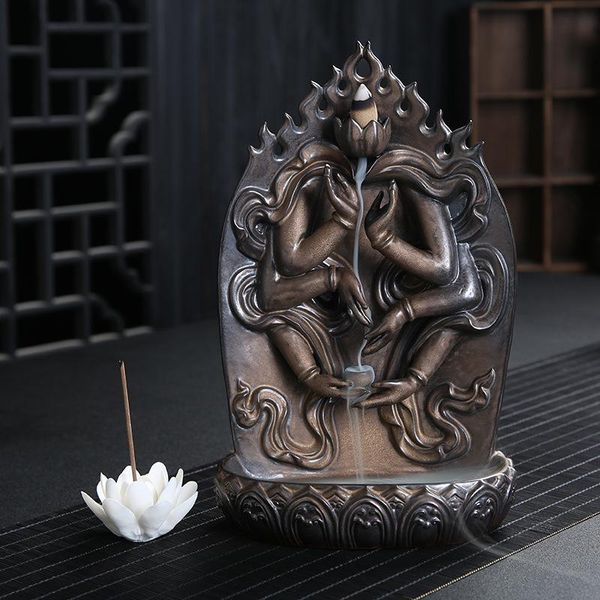 

fragrance lamps white lotus incense stick holder thousand hand buddha shape burner meditation purple sand zen decor + 10pc cones