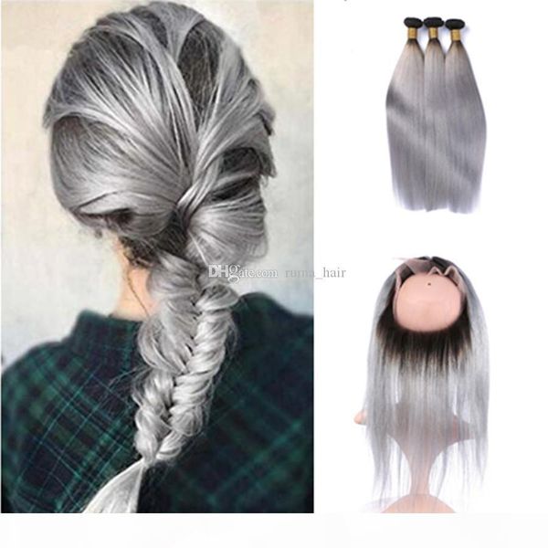 

ombre brazilian virgin hair 1b grey straight 3 bundles with 360 lace frontal closure pre plucked 360 lace band frontal with straight hair, Black;brown
