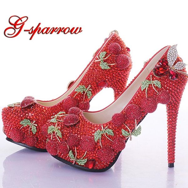

dress shoes luxurious wedding prom party red rhinestone cherry design customized high heel bridal shining banquet, Black