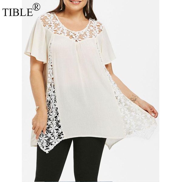 

women's blouses & shirts tible plus size hollow out lace shirt white blouse long flare sleeve o neck short womens blusas mujer de moda