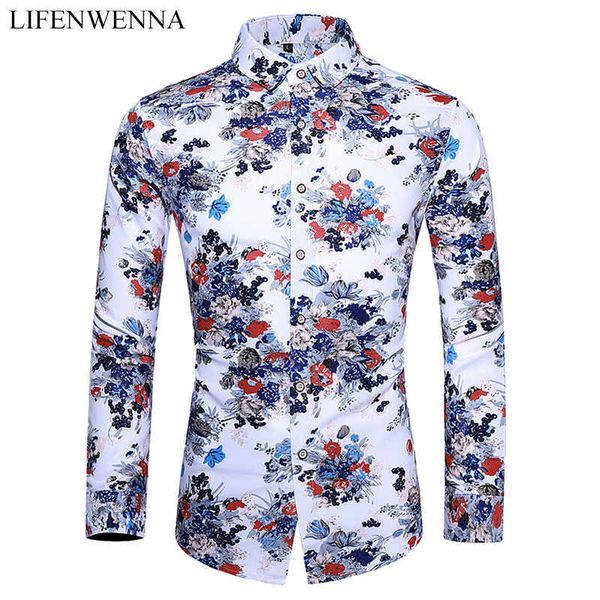 

flower shirt men autumn fashion printed long sleeve shirts mens casual business office shirt male plus size 5xl 6xl 7xl 210528, White;black