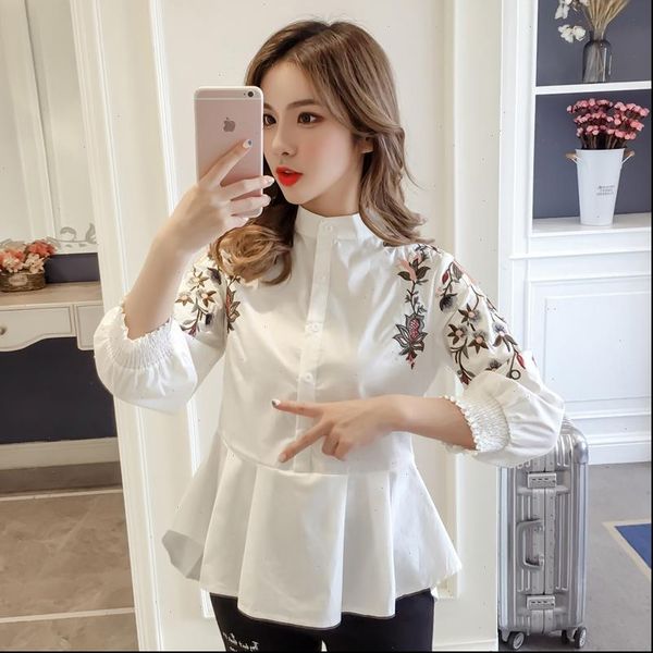 

2021 autumn women fashion sweet women blouse full embroidery floral mandarin collar casual preppy style shirts 1377 45, White
