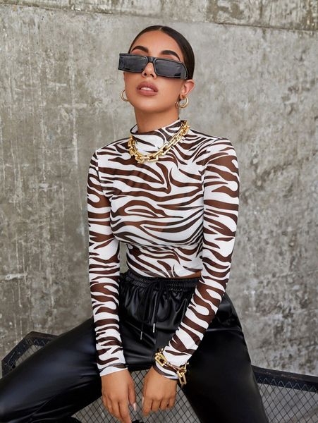 

mock neck zebra striped sheer mesh without bra y9gb#, White