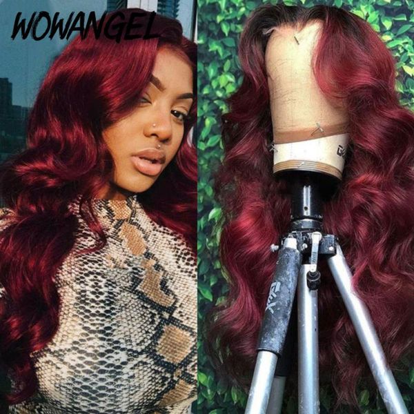 

ombre 99j burgundy red body wave 13x6 lace front human hair wigs colored brazilian transparent lace frontal wig pre-plucked, Black;brown
