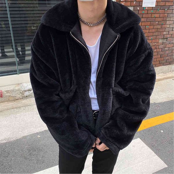 

men's fur & faux winter thick plush jacket warm fashion casual black coat men wild loose korean short mens clothes m- kuh8