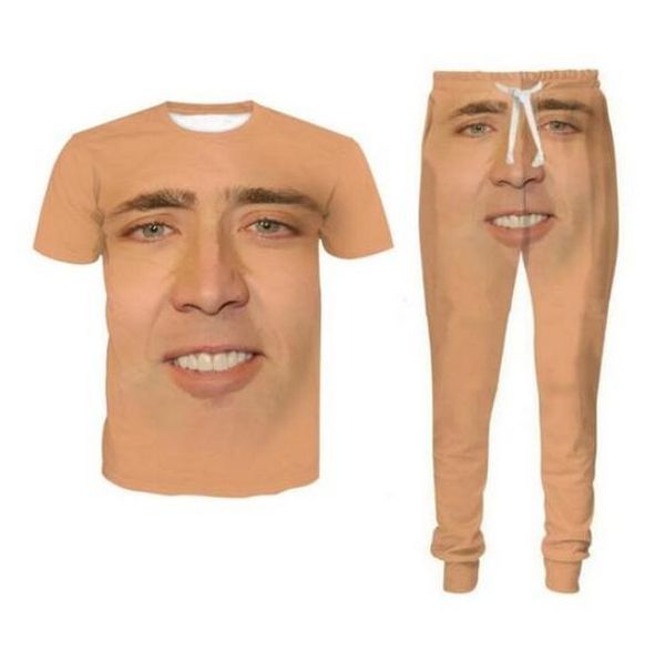 Por Atacado - 2022 Nova Moda Casual O Gigante Facebook Abaixo de Nicolas Cage 3D Tudo Over Imprimir Tracksuits T-shirt + Juntos Calças Terno Mulheres Homens @ 026