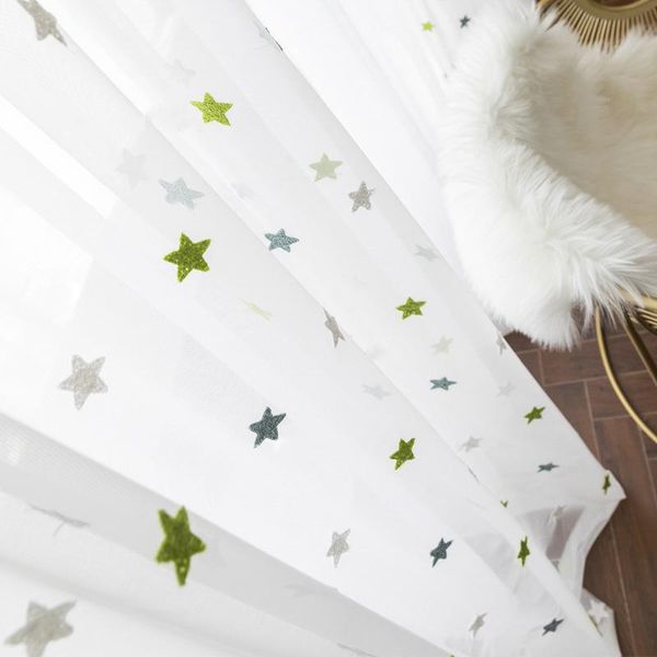 

gxi green mesh towel embroidery star window screen tulle for living room children cartoon curtains balcony bedroom sheer m065-4