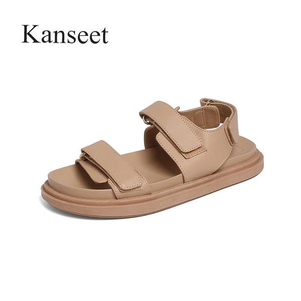 

sandals kanseet shoes women summer fashion flat platform low heel square toe genuine leather ladies footwear, Black
