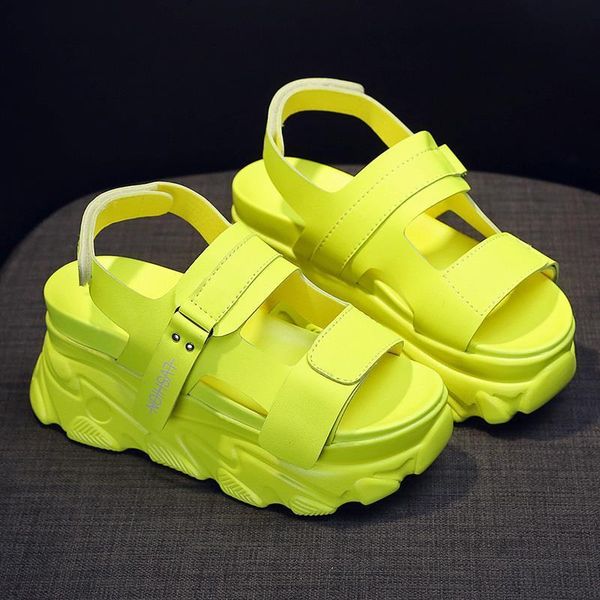 

yellow shallow hollow sewing rome sandals retro hook & loop thick bottom casual beach sandals designers heightening ladies shoes, Black