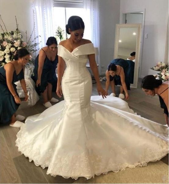 

2021 new glamorous satin mermaid wedding es off the shoulder appliques bridal gowns lace up back custom made vestidos de noiva yqpk, White