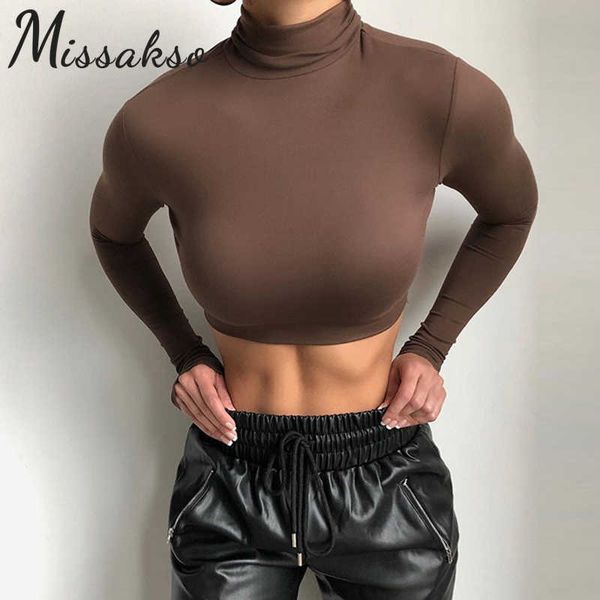 

missakso skinny turtleneck crop long sleeve spring autumn women black white casual basic t shirts party brown 210625