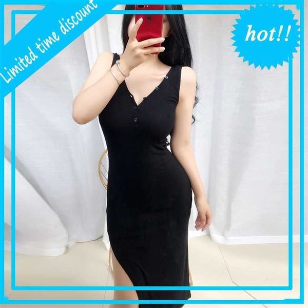 

halfway the kuit length used elastic mouwlless bodycon elegant women 2021 summer side slit v-neck button party slim dress, Black