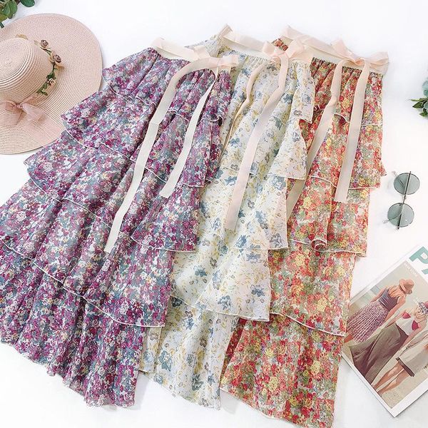 

skirts ruffle chiffon women long skirt summer fashion print floral high waist kawaii cakes elegant jupe femme beach, Black