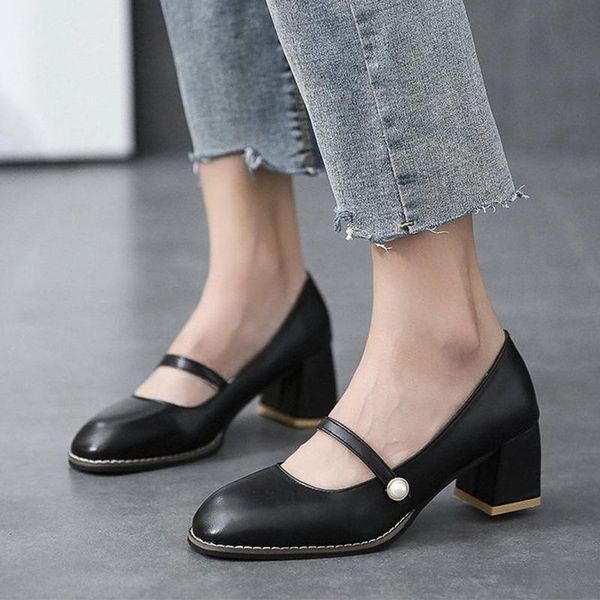 

women pumps mary janes shoes square toe thick heels elegant ladies slip-on pu leather female 2021 fashion autumn woman footwear, Black