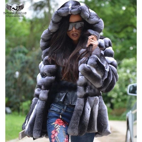 

women's fur & faux medium length natural coat women real rex jackets with hood chinchilla color luxury overcoats 2021 trendy, Black