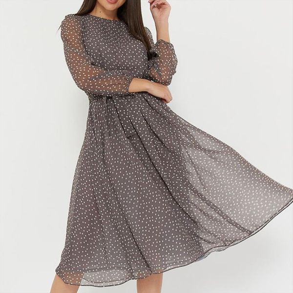 

polka dot print elegant women dresses o neck lantern sleeve elastic waist shashes slim a line party dress casual simple, Black;gray