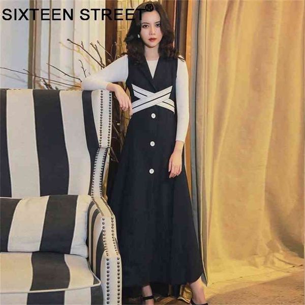 

woman ol dress sleeveless notched dark blue elastic waist with white sashes female summer office lady elegant party 210603, Black;gray