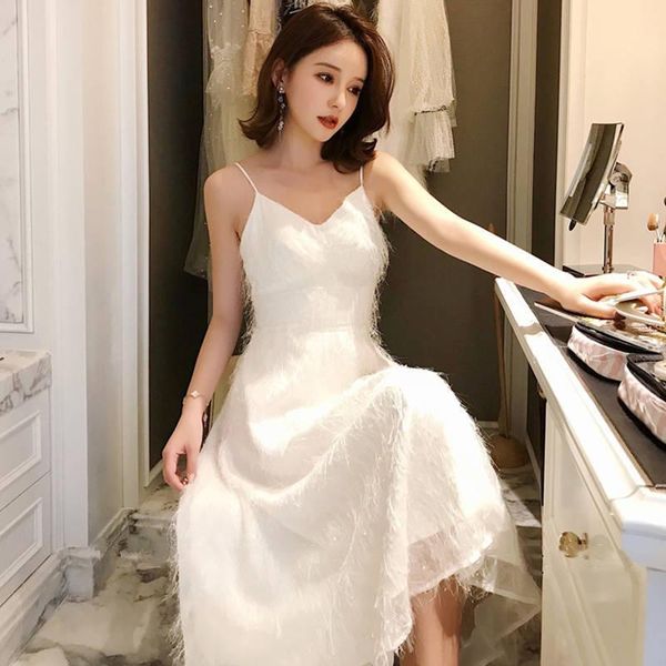 

casual dresses women 2021 summer tassel evening party female chic sling sweet elegant dress ladies backless slim princess vestidos y316, Black;gray