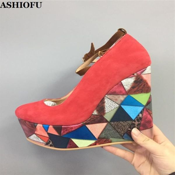 

dress shoes ashiofu handmade women wadge heel pumps multicolored faux-suede party buckle-strap evening fashion court, Black