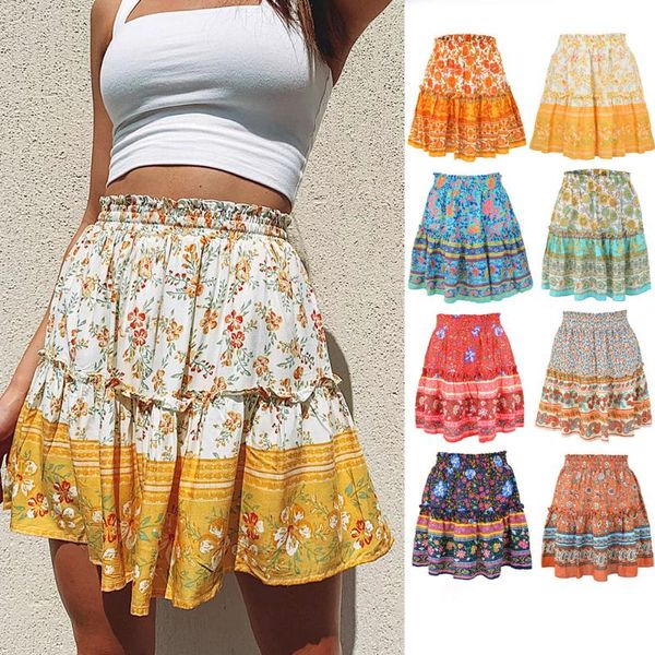 

skirts orange floral printed ruffled skirt qz0280 women's bohemian streetwear 2021 summer above knee mini, Black