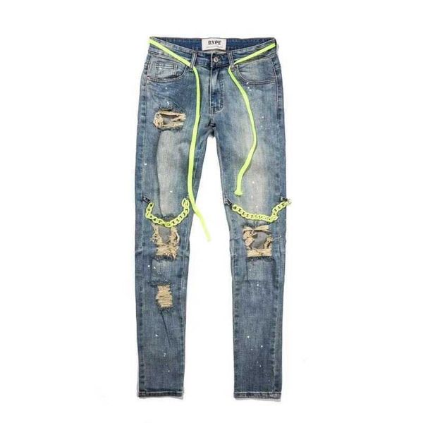 Calças de brim dos homens High Street Wind Indústria pesada Tridimensional Corte Zipper Hole Buraco Pequeno Perna