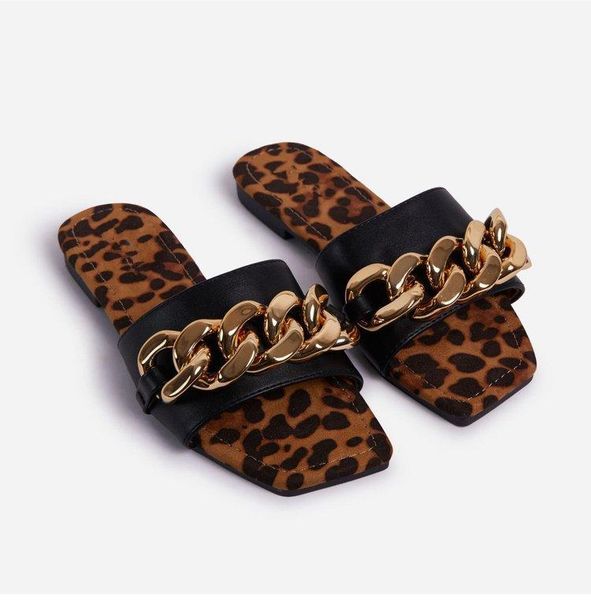 

slippers leopard shoes big size woman's rivet low slides 2021 flat rome hoof heels fabric basic rubber pu, Black