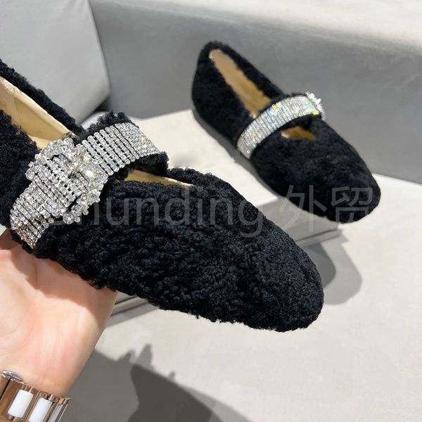 

2022 new rhinestone buckle square head mary jane wearing wool shoes ballet shoes explosions comfortable commuteluxury0, Black