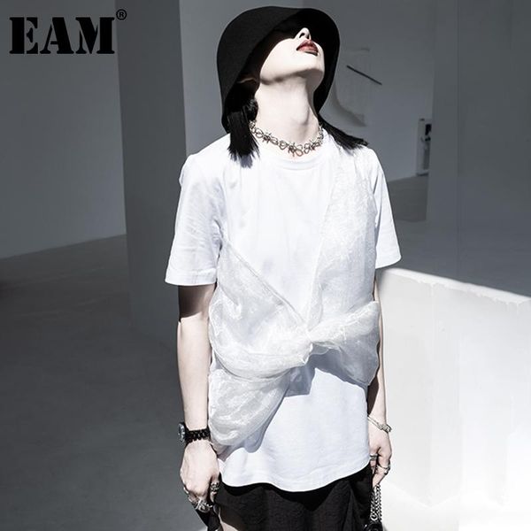 

women's t-shirt [eam] women white contrast color mesh casual round neck short sleeve fashion tide spring summer 2021 1dd9202