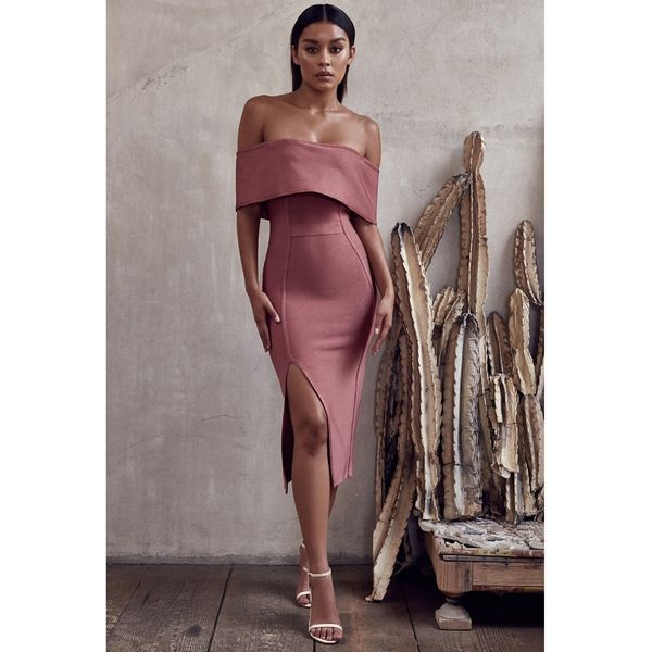 

brown bar rayon bandage neck a evening party dressed as open fork rent uu80, White