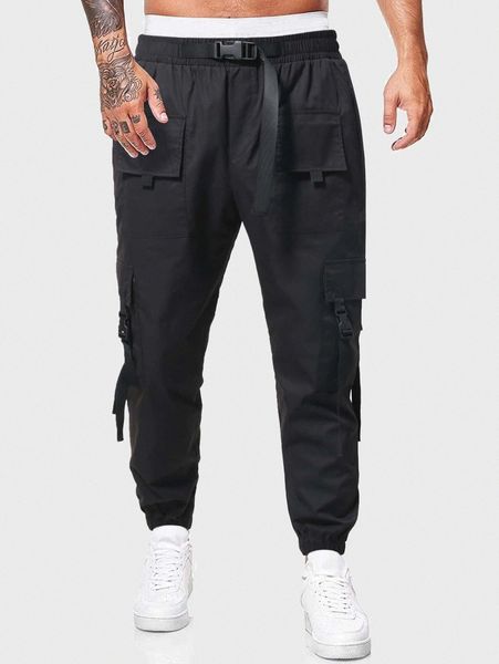 

men flap pocket buckled cargo pants r8ul#, Black