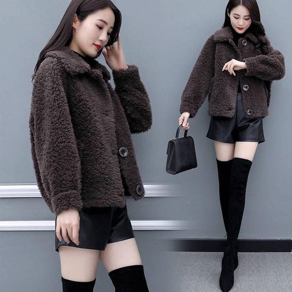 

women's fur & faux fashion imitated lamb hair coat women short loose outwear korean version 202i solid color slim woolen warm, Black