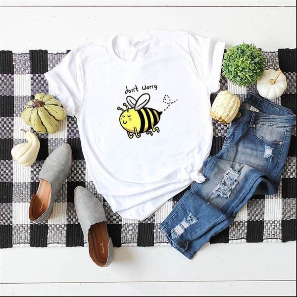 

summer fashion elimiiya tshirt bee happy print t shirt women streetwear hipster o neck tshirt female harajuku loose tee shir, White