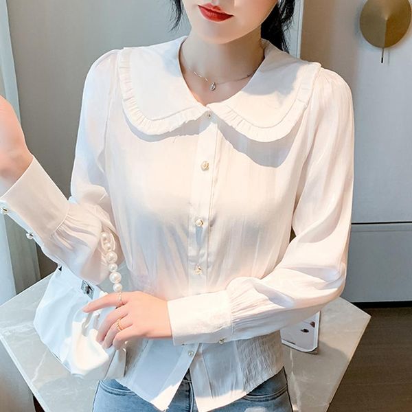 

women's blouses & shirts long sleeve white blouse women blusas mujer de moda 2021 doll collar chiffon shirt e306