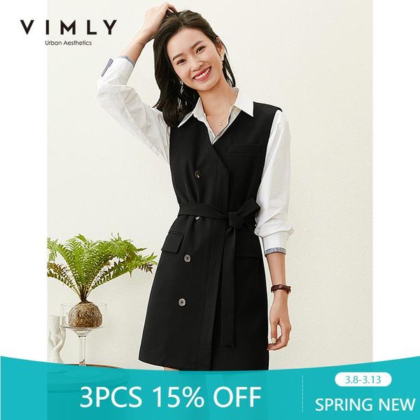 

women's vests vimly 2021 spring vest jacket fashion v neck solid sleeveless long coat elegant office lady overcoat f6076, Black;white