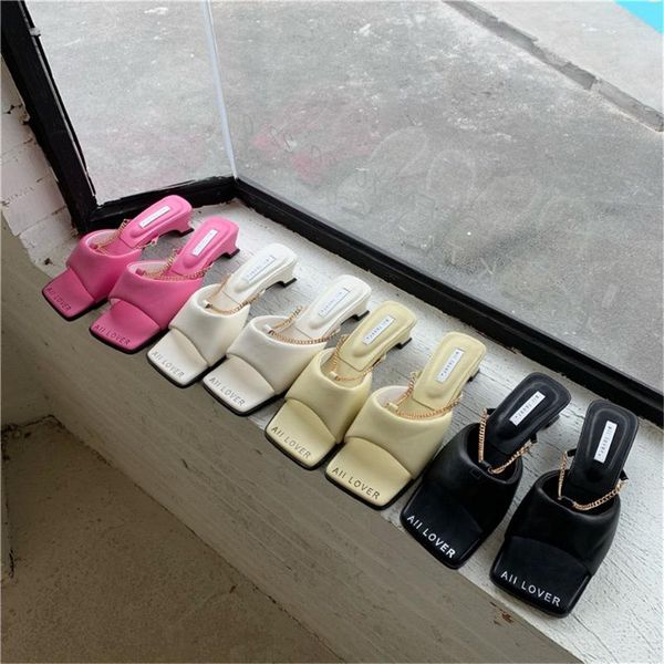 

sandals 2021 design square toe thin high heel slippers summer outdoor metal chain slip on dress shoes ladies elegant slides sandal, Black