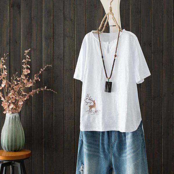 

women's t-shirt summer cotton tee shirt short sleeve comfortable casual deer embroidery tshirt women retro style thin all-match 2021 cl, White