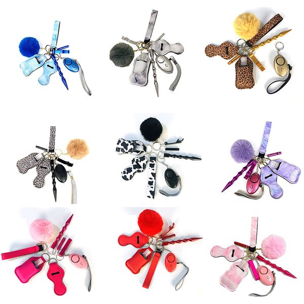 

1 set=9 pcs defense keychain charm set including spray alarm pompom hand sanitizer windows breaker for woman men self-defense keyring 35 sty, Silver