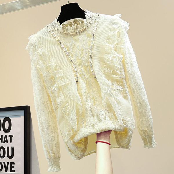 

chiffon shirt stitching pleated crocheted blouses 2021 spring clothing woman loose diamonds long sleeve lace shirts, White