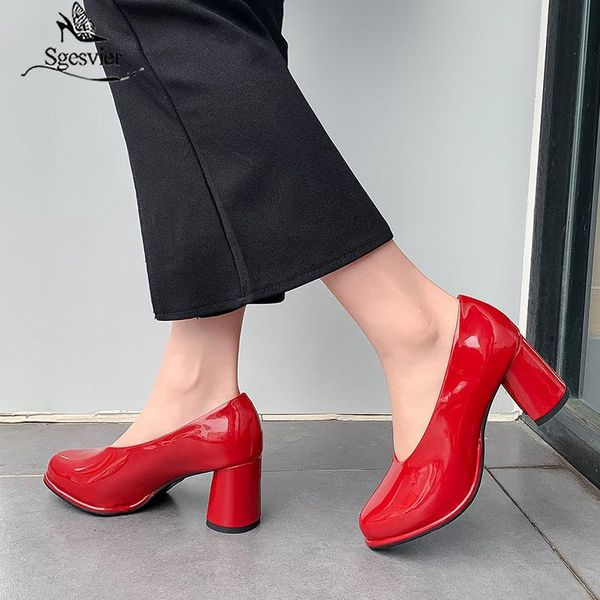 

dress shoes sgesvier fashion 2021 patent red blue black woman high heel slip on block heels pumps bride office womens