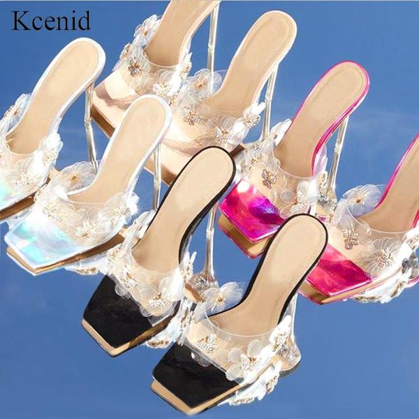

slippers kcenid 2021 crystal flowers summer pvc transparent thin heels shoes women clear slides high sandals, Black
