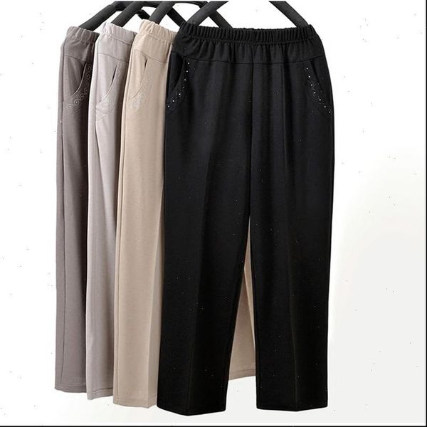

middle aged women straight pants fashion casual elastic waist loose pants large size grandma female summer solid nine pants 5xl, Black;white