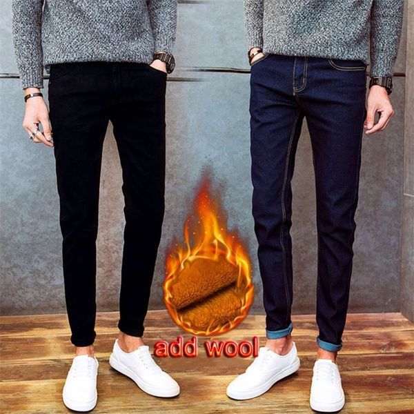 

autumn winter casual thicken thermal fleece thermal men's add wool denim teenagers stretch pencil pants men's jeans 201223, Blue