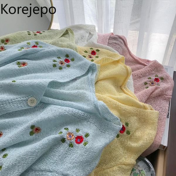

women's knits & tees korejepo women shirt 2021 summer korean chic sweet retro gentle floral v-neck short sleeve cardigan knitted loose, White