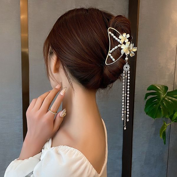 

korean metal flower long tassel pearl hair clips barrettestemperament clip shark hairpin ins personality pearl grab shower disk hair jewelry, Golden;silver