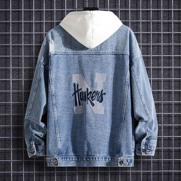 

men's jackets autumn young loose casual denim jacket fashion cat whiskers letter light blue student, Black;brown