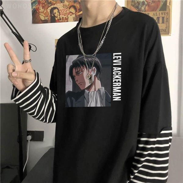 

men's t-shirts japanese anime attack on titan ackerman t shirts men/women harajuku streetwear fashion men summer long sleeve stripe t-s, White;black